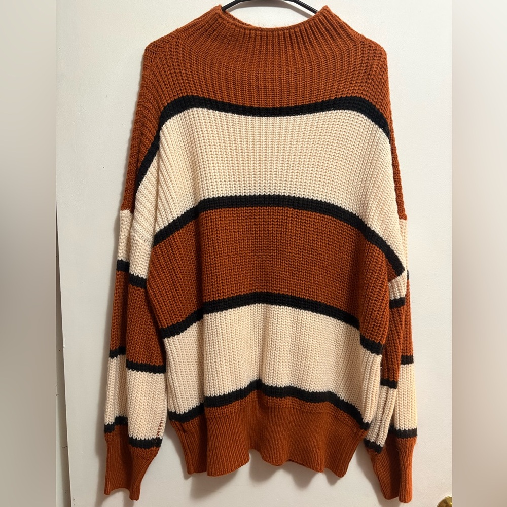 Brown and White Striped Turtleneck Sweater - Picture 2 of 5